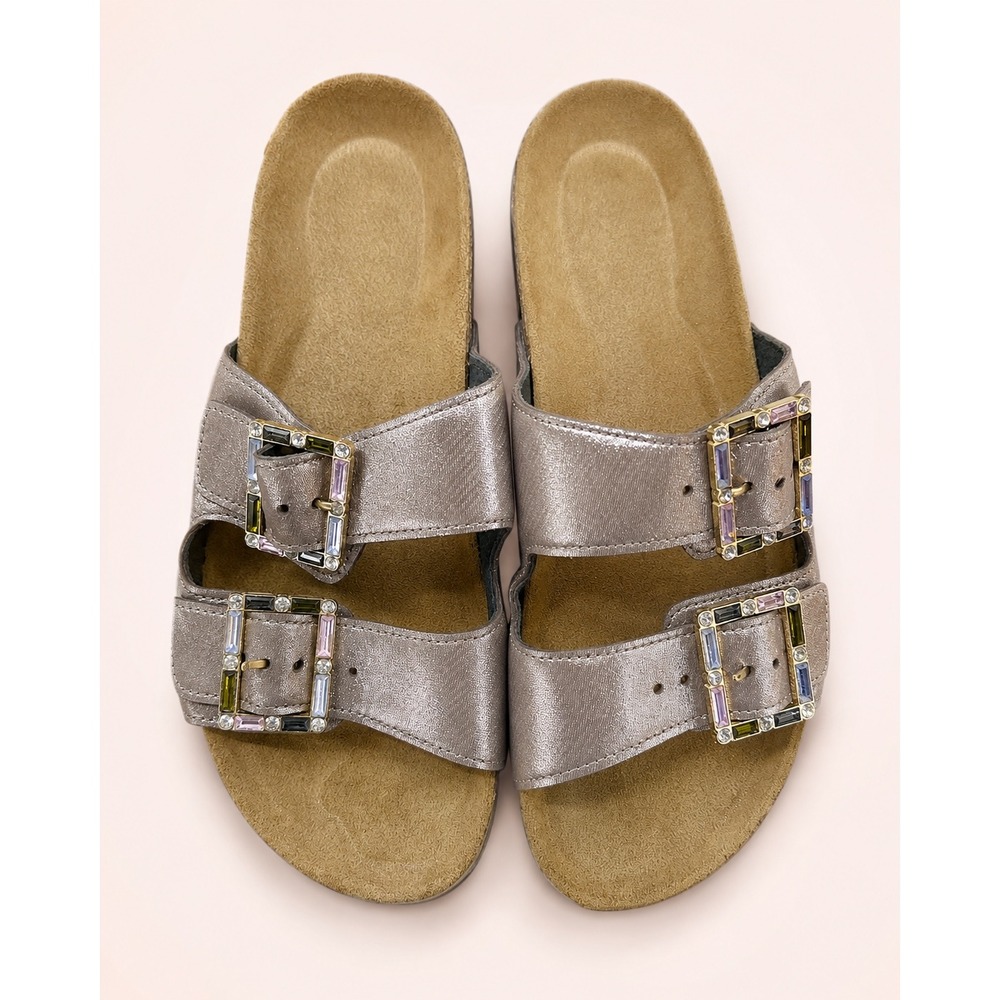 Naot Sandals Women 39 Metallic Silver Good Rhinestone Buckle Platform Slides